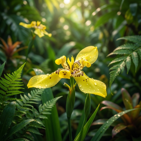 A yellow orchid with spotted petals and dew drops, amid lush green leaves in sunlight, resembles the Yellow Walking Iris (Neomarica longifolia).