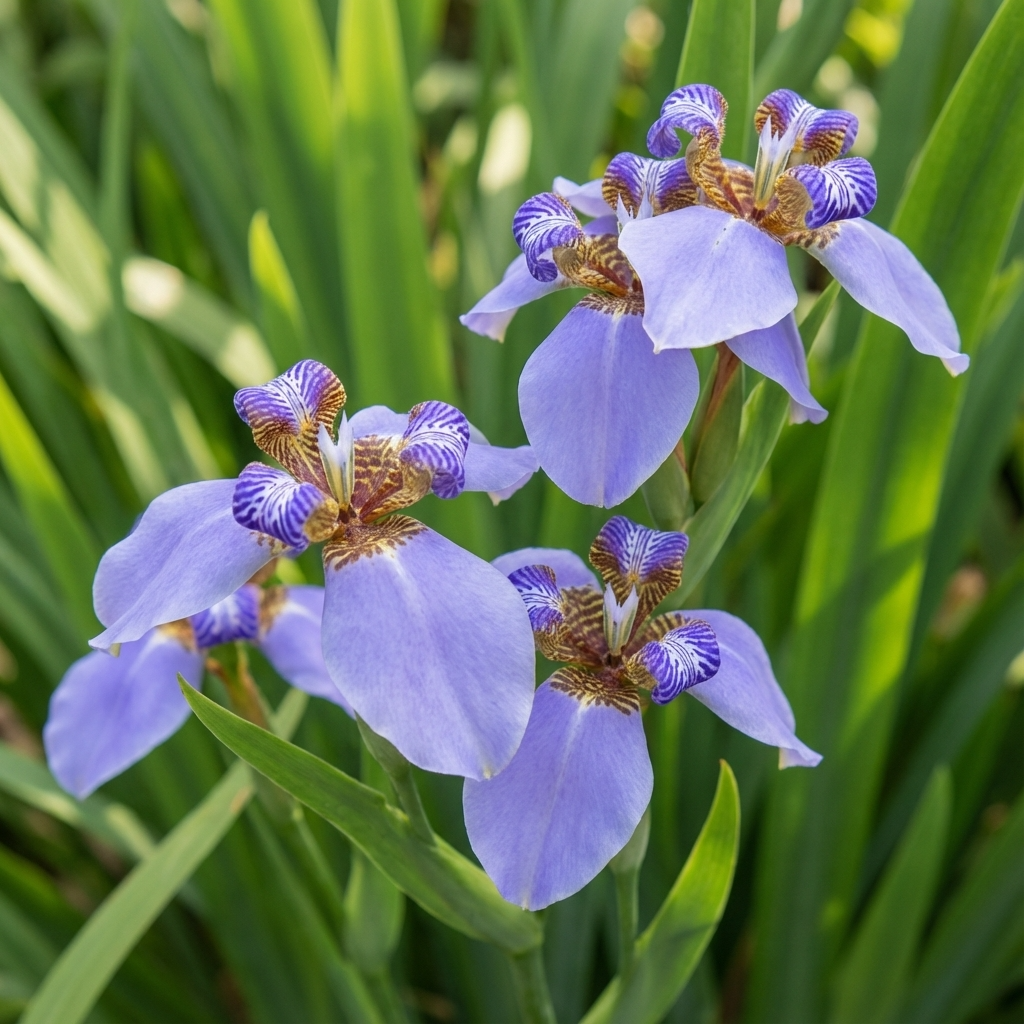 Regina Walking Iris (Neomarica caerulea 'Regina') features purple and blue-violet flowers with striped petals, set among long green leaves in sunlight.