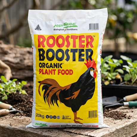 A 20kg bag of Neutrog Rooster Booster Fertiliser, made from chicken manure pellets and featuring a rooster illustration on the front.