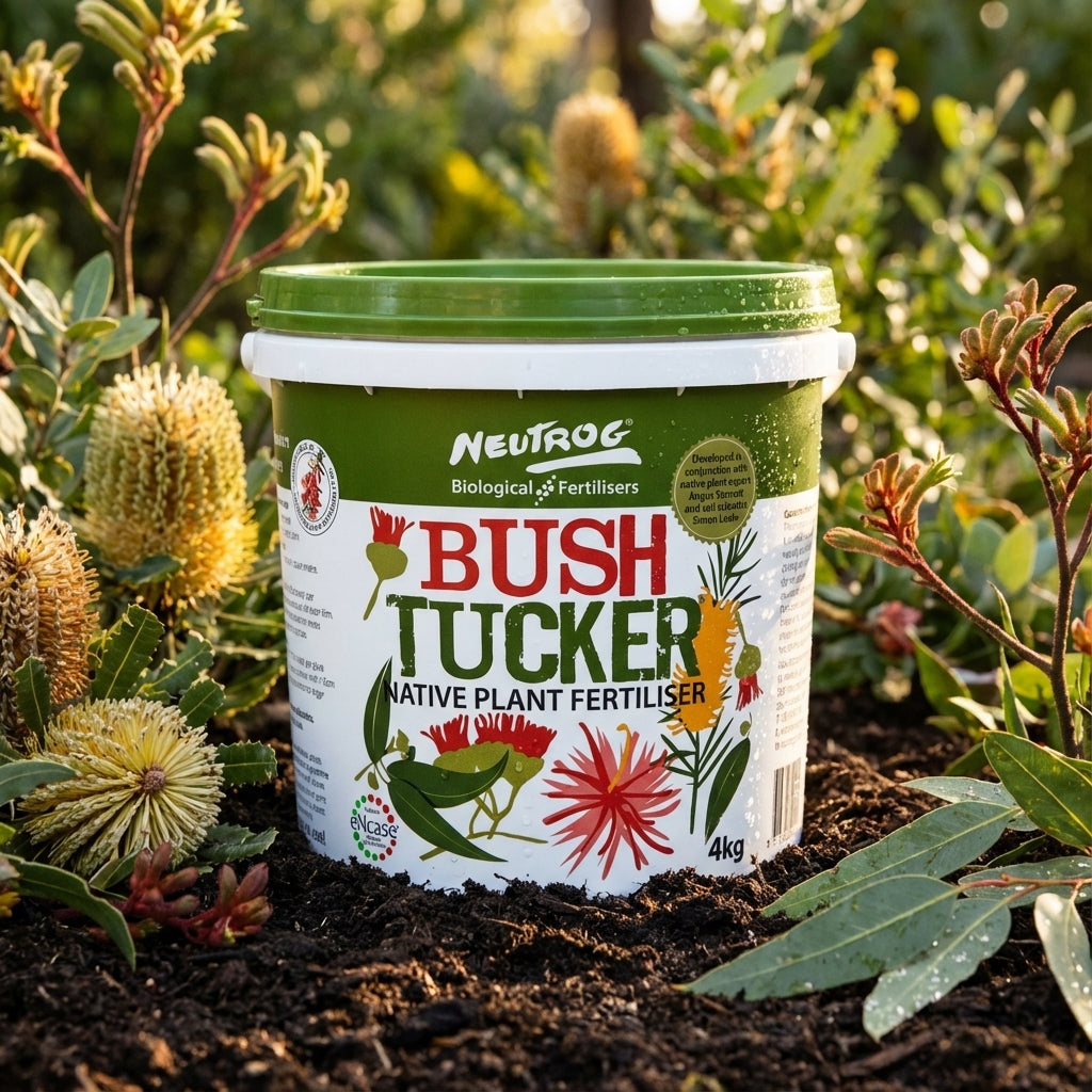A 4kg tub of Neutrog Bush Tucker Native Fertiliser, a low phosphorus formula, sits on soil among lush Australian native plants.