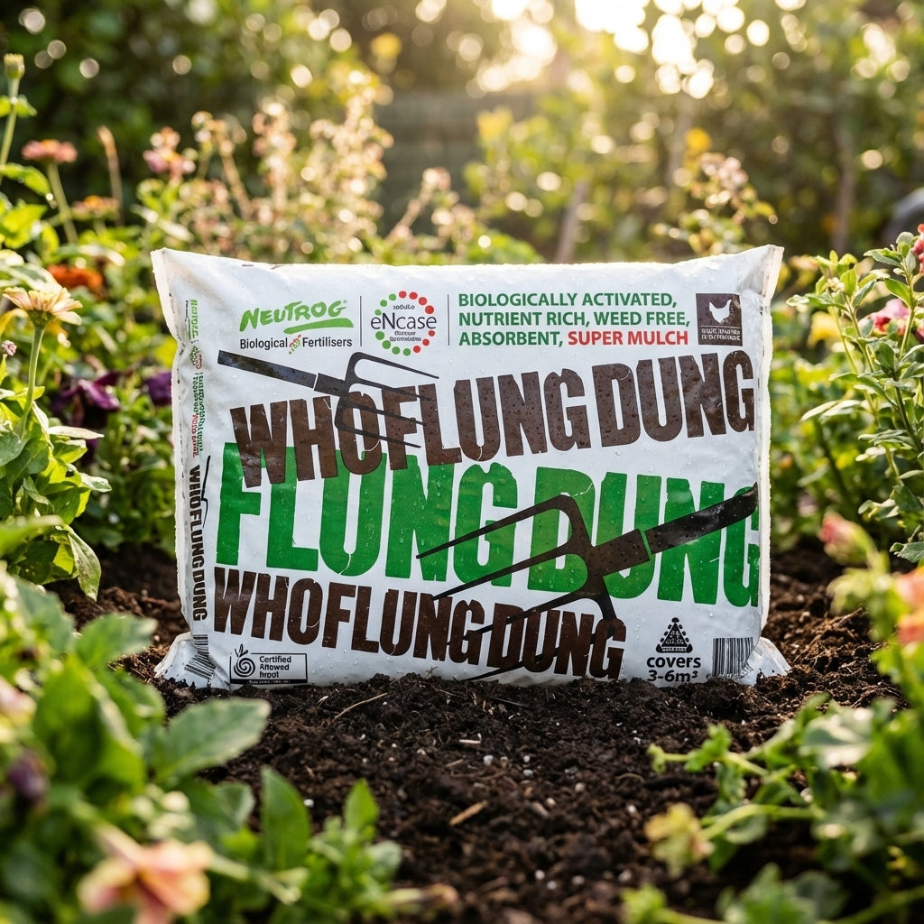 A bag of Neutrog Whoflungdung Mulch rests in a garden bed, ready to enrich the soil and support healthy, vibrant plants and flowers.