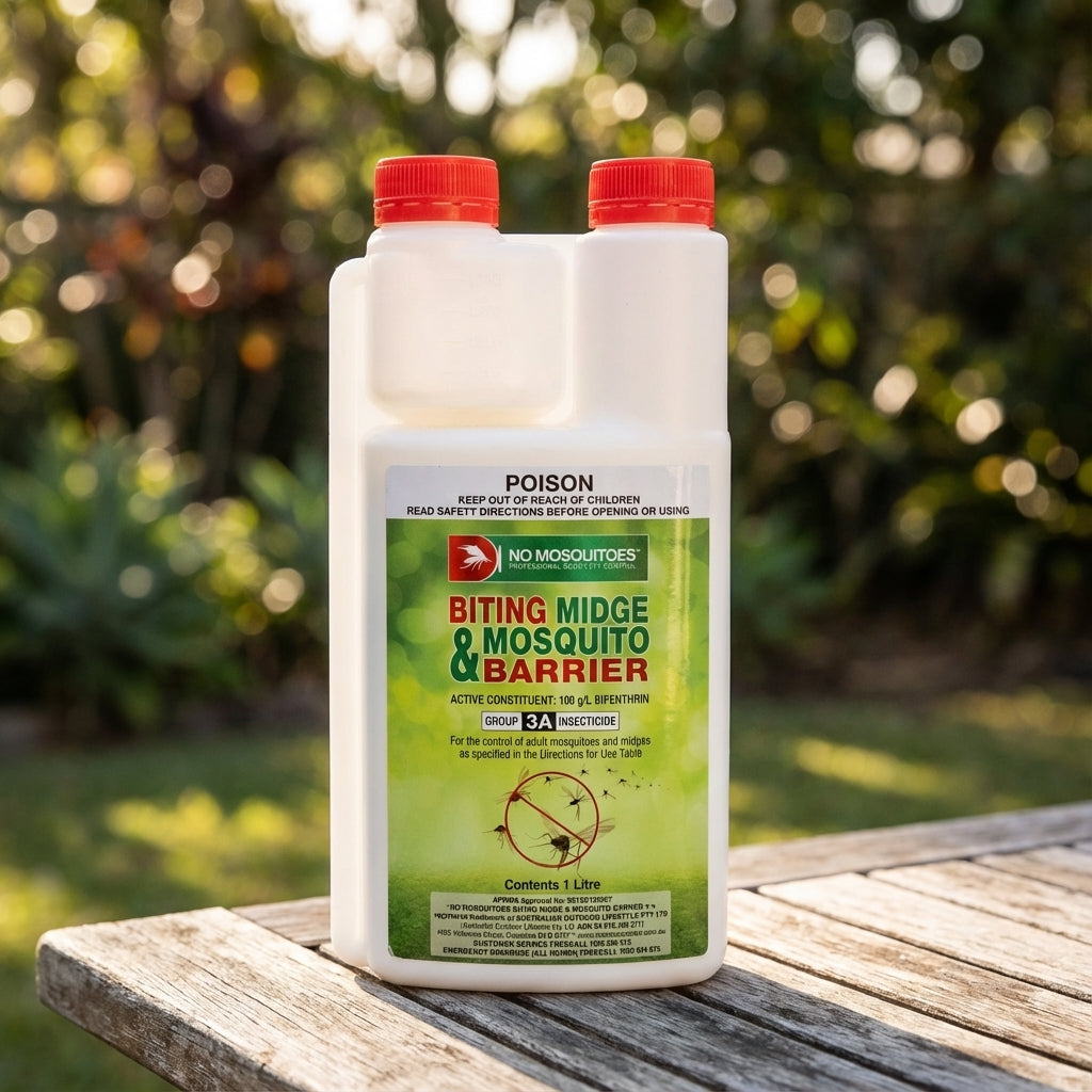 A bottle of No Mosquitoes 1L Biting Midge & Mosquito Barrier Spray rests on a wooden table outdoors, ready to deliver effective protection against biting midges and mosquitoes.