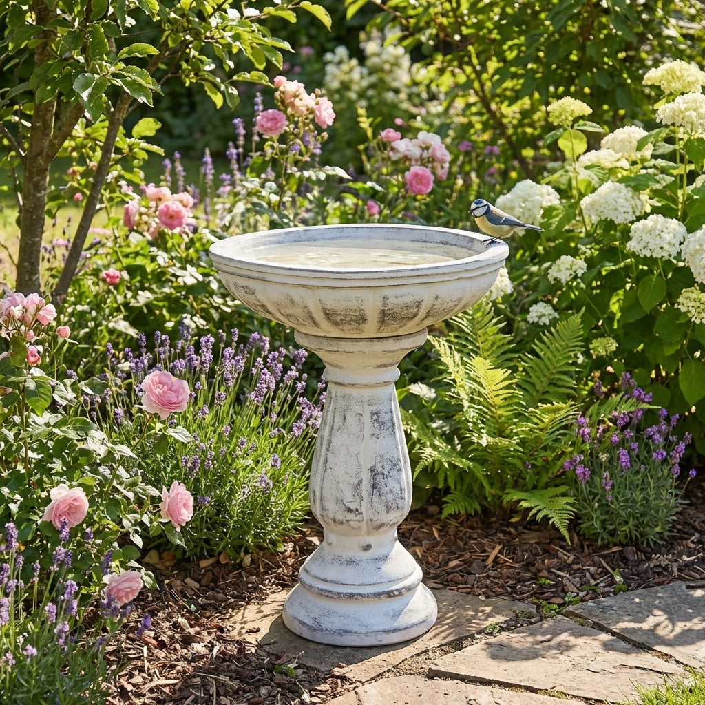 The Northcote Pottery Terracotta Cottaseal Bird Bath Bowl (47 x 11cm) sits in a vibrant flower garden, surrounded by blooming roses and fragrant lavender.