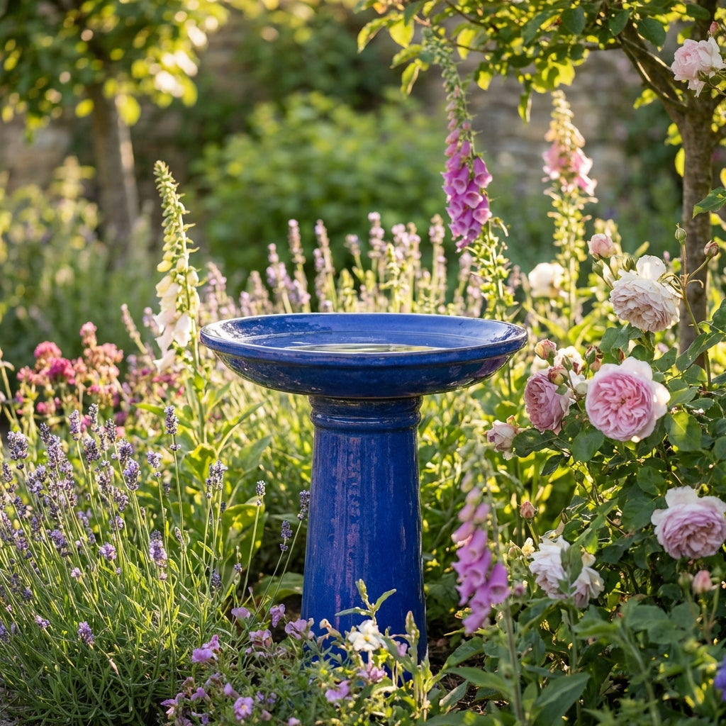 A blue birdbath stands among blooming pink, purple, and white flowers in a sunny garden, bordered by fresh Lettuce-All Year Round.