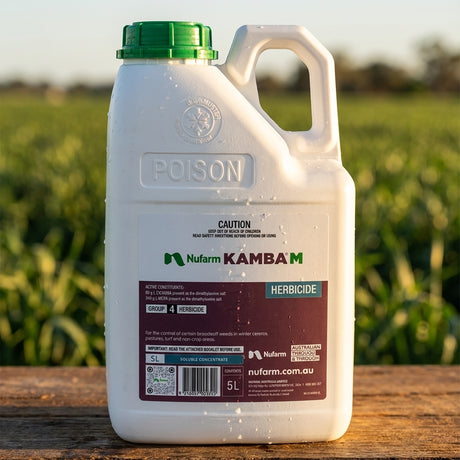 A 5L Nufarm Kamba M Selective Herbicide rests on a wooden surface with a field behind, perfect for broadleaf weed control in turf management.