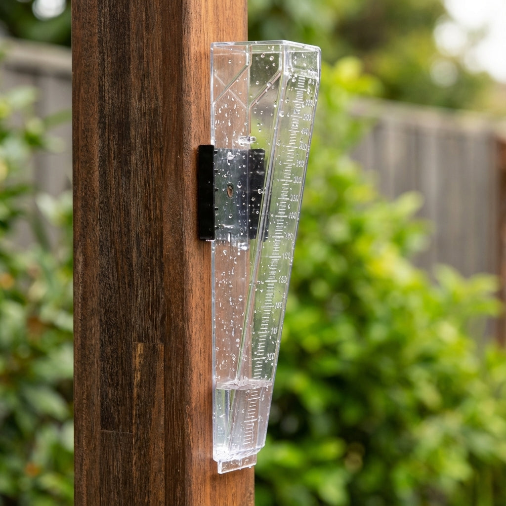 The Nylex 150mm Rain Gauge, partially filled with rainwater, is attached to a wooden post in a garden setting for accurate rainfall measurement.