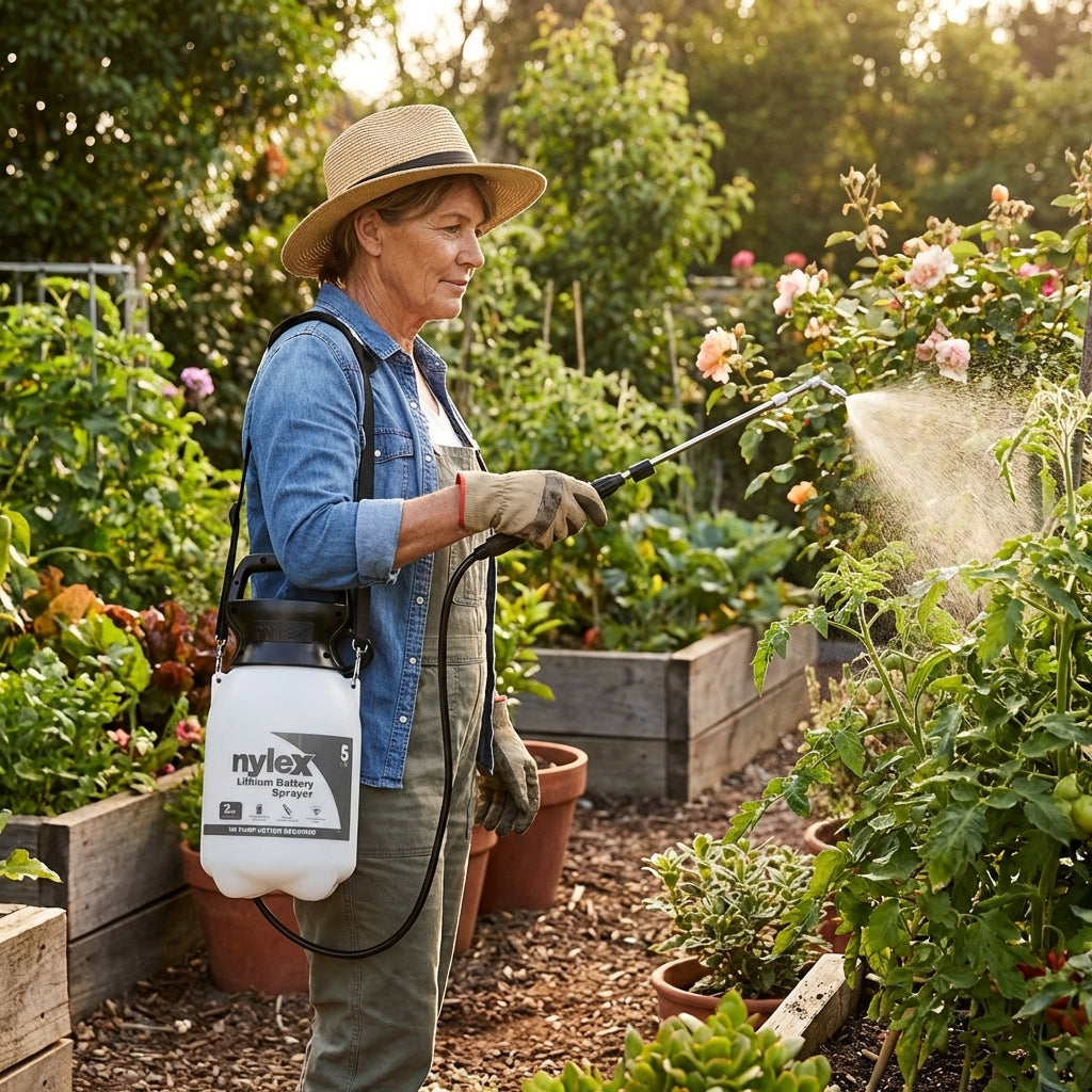 Wearing a hat, a woman uses Yates 200ml Zero Rapid Gel 1 Hour Action Weed Killer to target weeds in her garden on a sunny day.