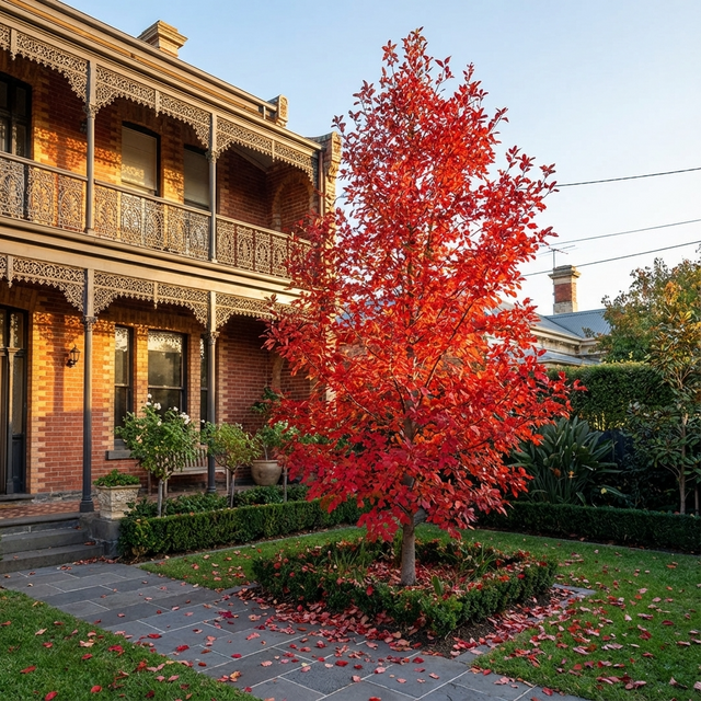 An Afterburner Tupelo - Nyssa sylvatica 'Afterburner', known for its vibrant red autumn leaves, stands before a brick house with ornate ironwork and a manicured garden.