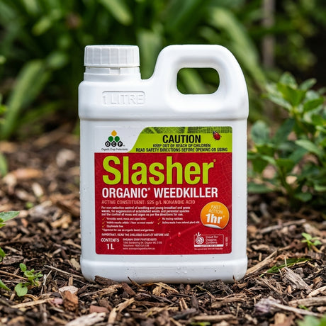 A 1L bottle of OCP Slasher Weedkiller Concentrate, a glyphosate-free, organic weed control solution, is placed outdoors on soil with green plants in the background.