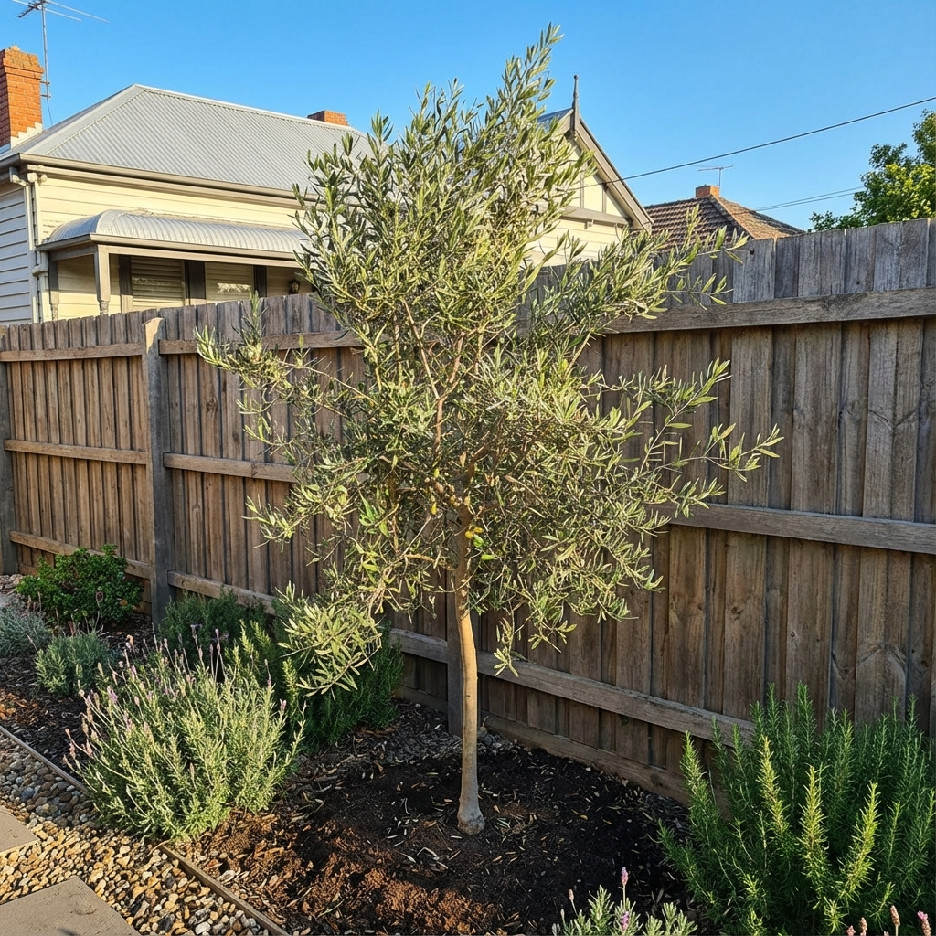 A Swan Hill Olive (Olea europaea ‘Swan Hill’) grows in a garden bed beside a wooden fence, with a house in the background.