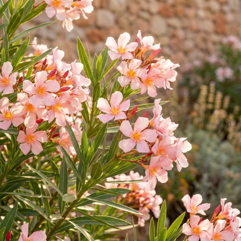 Oleander ‘Dwarf Pink’ (Nerium oleander dwarf cultivar) displays pink flowers and green foliage outdoors, creating an attractive, low-maintenance garden shrub against a blurred stone wall background.