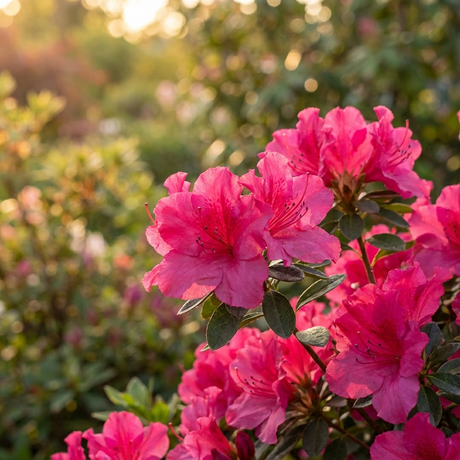 Bright pink blooms of the Only One Earth Azalea - Azalea kurume 'Only One Earth' shine in sunlight, surrounded by lush green foliage.
