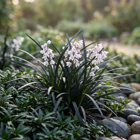Create striking contrast in your garden with Black Mondo Grass – Ophiopogon planiscapus 'Nigrescens', featuring delicate pale flowers and dark green, grass-like leaves that make an attractive ground cover among rocks and lush greenery.