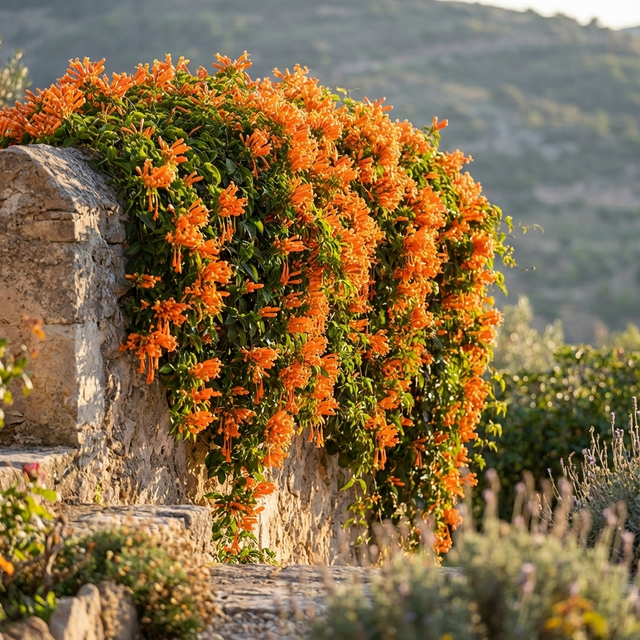 Orange Trumpet Vine - Pyrostegia venusta displays vibrant flowers cascading over a stone wall in sunlight, providing color and privacy, with a softly blurred hillside in the background.