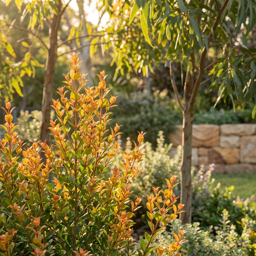 Sunlit garden with orange-tipped shrubs like the Orange Twist Lilly Pilly (Syzygium ‘Orange Twist’), lush green trees, and a stone wall in the background.