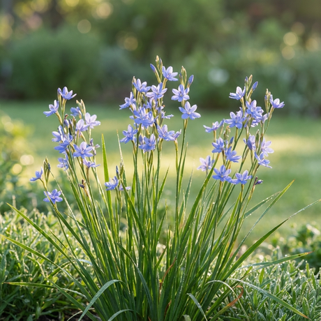Morning Iris (Orthrosanthus multiflorus) features clusters of small purple and blue flowers with long green leaves. This beautiful, low-maintenance perennial thrives in sunlight—perfect for any garden setting.