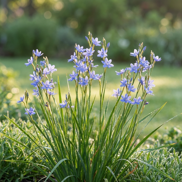Morning Iris (Orthrosanthus multiflorus) features clusters of small purple and blue flowers with long green leaves. This beautiful, low-maintenance perennial thrives in sunlight—perfect for any garden setting.