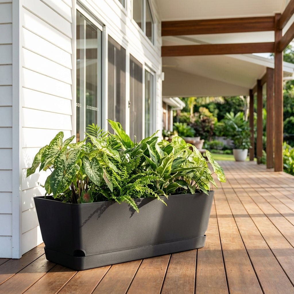 An Oslo Self Watering Trough Planter - 610mm, filled with green plants, sits on a wooden porch beside a white house with large windows.