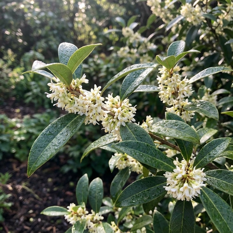 Raindrops glisten on the glossy green leaves and clusters of small, fragrant flowers of the evergreen shrub Tea Olive (Osmanthus × burkwoodii).
