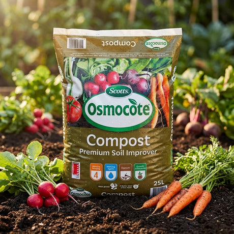 A bag of Osmocote 25L Scotts Compost Premium Soil Improver rests on garden soil, surrounded by fresh radishes and carrots in a vegetable patch.