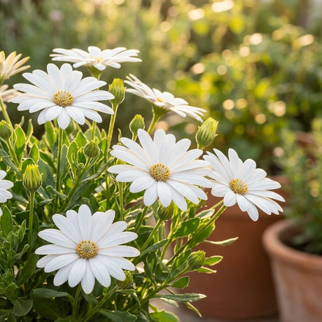 Cape Daisy ‘Margarita Crème’ (Osteospermum hybrid) thrives in sunny perennial gardens, its green leaves standing out against terracotta pots.