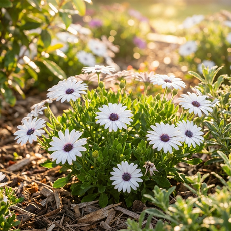 The Cape Daisy ‘Margarita Plus White’ (Osteospermum hybrid) blooms beautifully in garden beds, with sunlight highlighting its white flowers and mulch enhancing the look of your outdoor space.