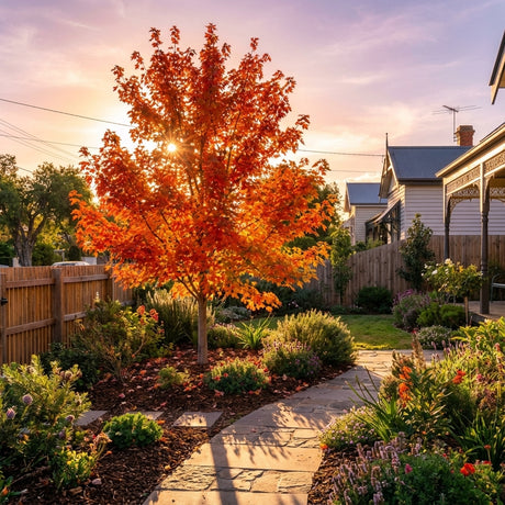 A Pacific Sunset - Acer truncatum x ‘Warrenred’ displays autumn colours in a garden at sunset, surrounded by flowers and a stone path near a house.