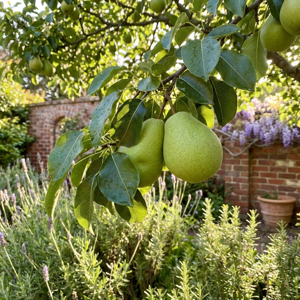 Two Packham Triumph Pears (Pyrus communis ‘Packham Triumph’) hang from a sunlit tree branch in a garden with brick walls and blooming flowers—ideal inspiration for home orchard enthusiasts.