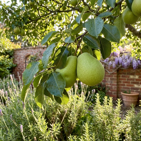 Two green Packham Triumph Pear - Pyrus communis ‘Packham Triumph’ fruits hang from a tree branch in a sunny garden with a brick wall behind—an ideal setting for home orchards.