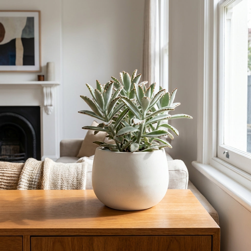 The Panda Plant - Kalanchoe tomentosa, a potted indoor succulent, sits on a wooden table in a bright, cozy living room near the window.