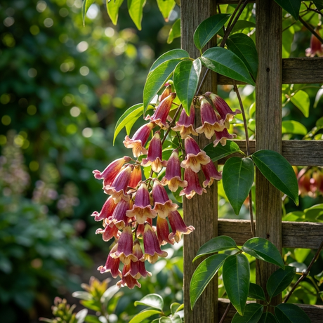 Clusters of pink and yellow bell-shaped flowers bloom on the leafy vine of Pandorea pandorana ‘Ruby Belle’, a native climber, as it grows along a wooden garden trellis.