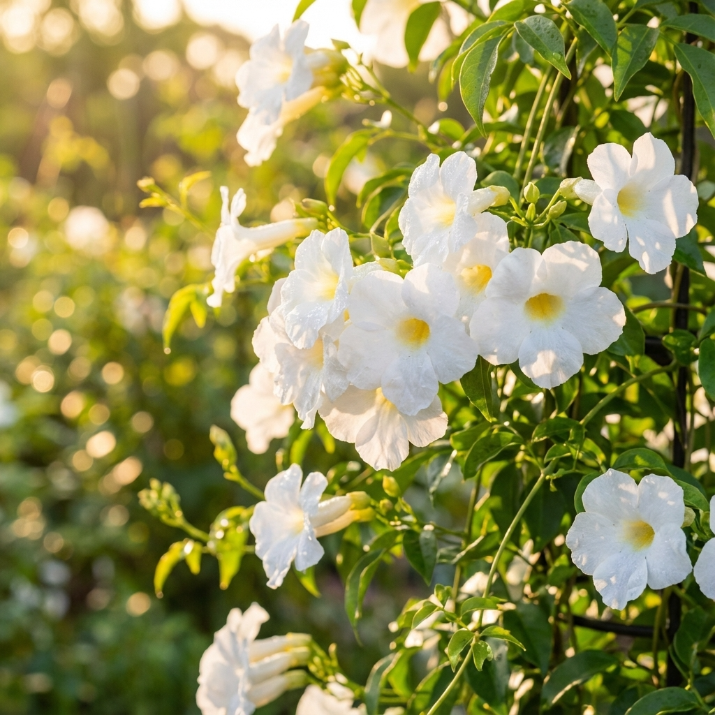 White trumpet-shaped flowers bloom on lush green vines—Pandorea jasminoides ‘Lady Di’ is a vigorous climber, ideal for bringing beauty and charm to any garden or outdoor space.