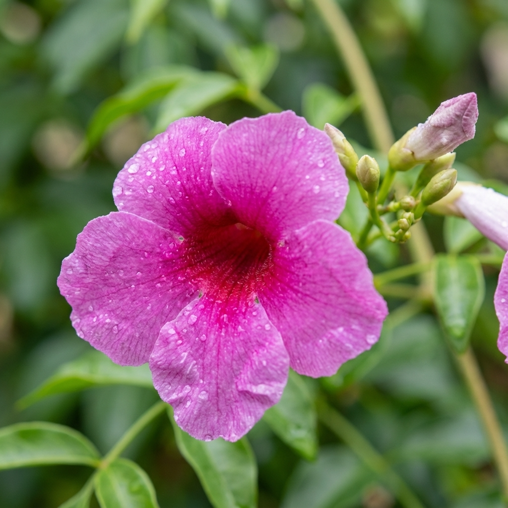 Close-up of Pandorea jasminoides ‘Jam Drop’, a fast-growing climber, featuring pink trumpet-shaped flowers with water droplets, set among green leaves and buds.