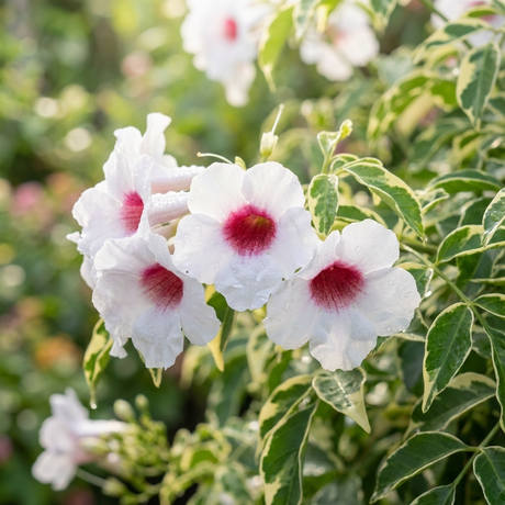White flowers with red centers bloom among green leaves in bright sunlight, highlighting the beauty of the Pandorea jasminoides Variegated climber.