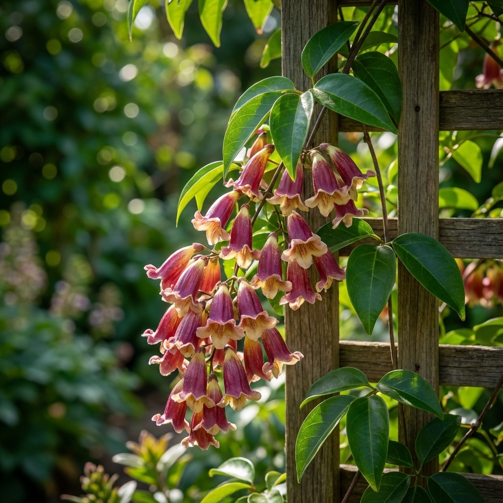 The pink and yellow bell-shaped flowers of Pandorea pandorana ‘Ruby Belle’ hang gracefully from a vine on a wooden trellis in a sunlit garden.