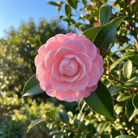 The Paradise Pearl Camellia (Camellia sasanqua 'Paradise Pearl') displays pink blooms with dew drops amid green leaves in sunlight, highlighting the charm of this evergreen shrub.