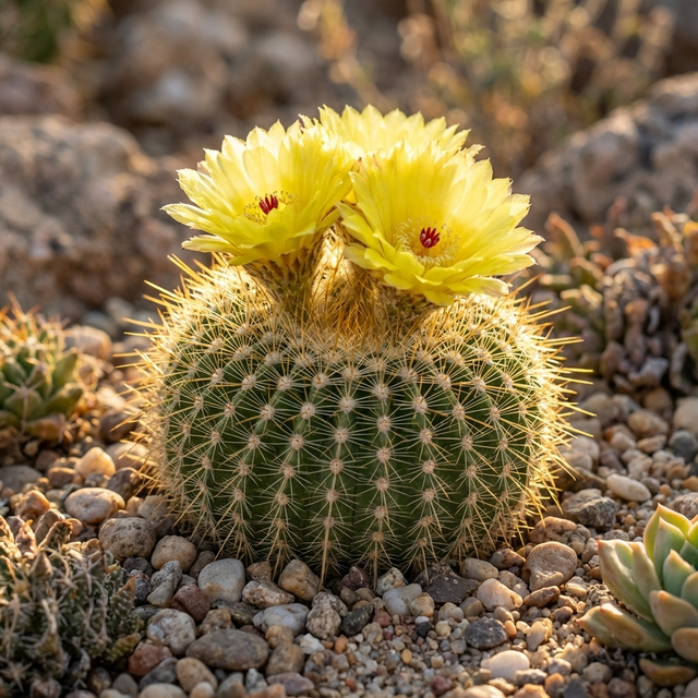 Silver Ball Cactus - Parodia scopa: A striking, low-maintenance cactus with sharp spines and two yellow flowers, perfect for any collection. Grows well among rocks and pebbles.