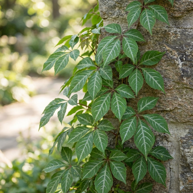 Silver Vein Creeper - Parthenocissus henryana displays clusters of five leaves as it climbs along a sunlit stone wall.