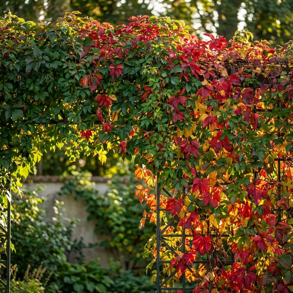 Virginia Creeper – Parthenocissus quinquefolia displays green and red leaves as it climbs a garden archway, with sunlight and softly blurred trees in the background.