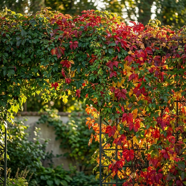 Virginia Creeper – Parthenocissus quinquefolia displays green and red leaves as it climbs a garden archway, with sunlight and softly blurred trees in the background.