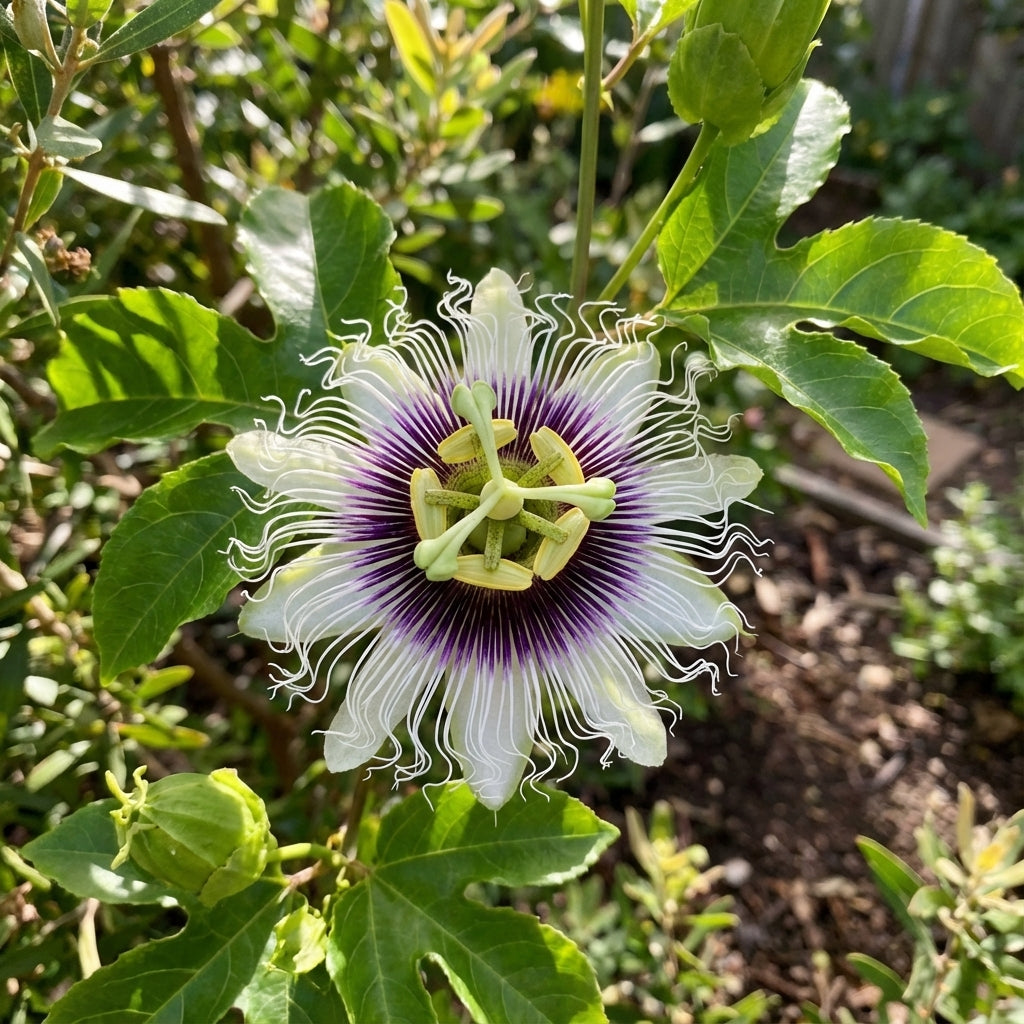 A close-up of Passionfruit ‘Flame Ruby’ (Passiflora edulis hybrid) in bloom, showing white and purple petals amid green leaves on a heavy-fruiting vine that yields vibrant ruby-purple fruit.