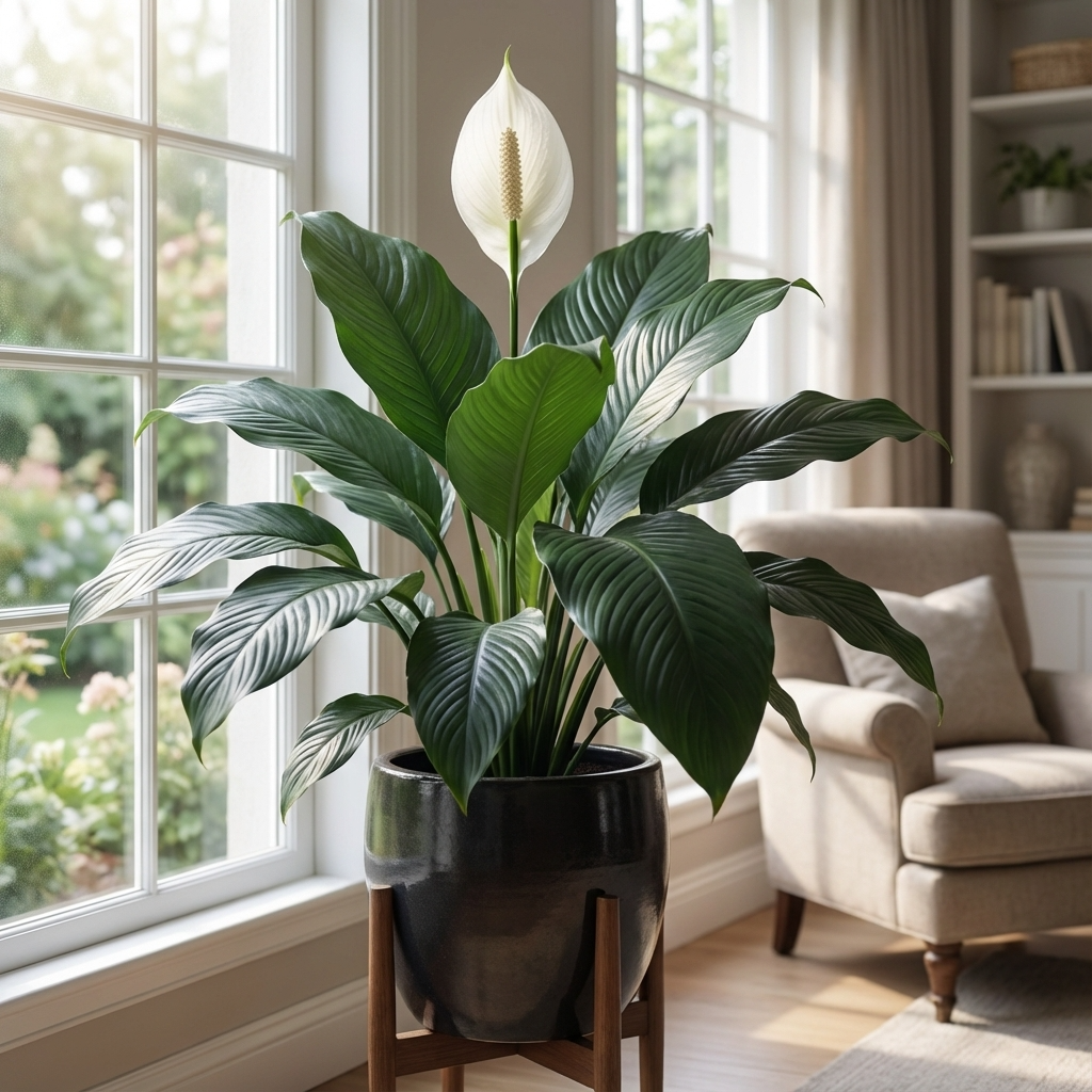 The Peace Lily - Spathiphyllum ‘Blue Moon’, an elegant air-purifying plant in a black pot on a stand, rests by a sunny window in a cozy living room.
