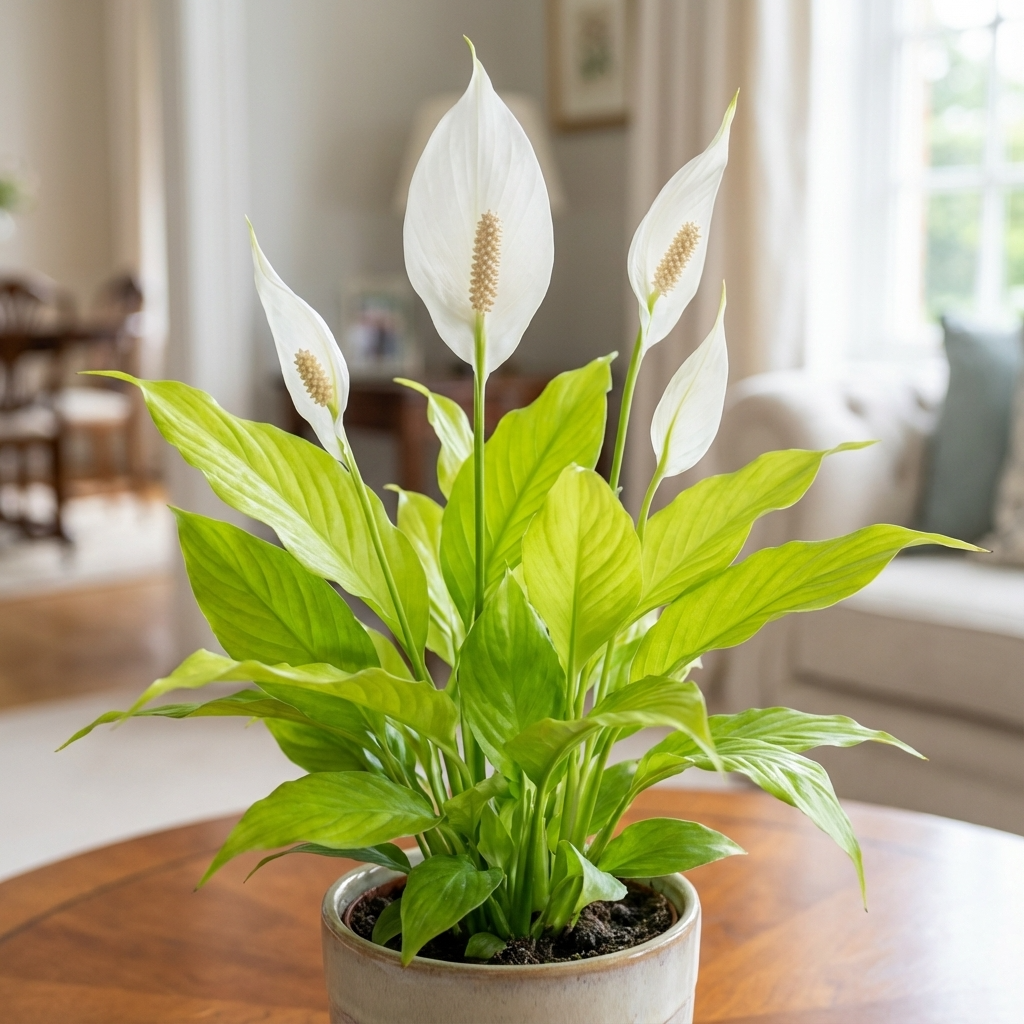 A Peace Lily - Spathiphyllum ‘Stephanie’, known for its white blooms and lush green leaves, sits on a wooden table in a bright living room.