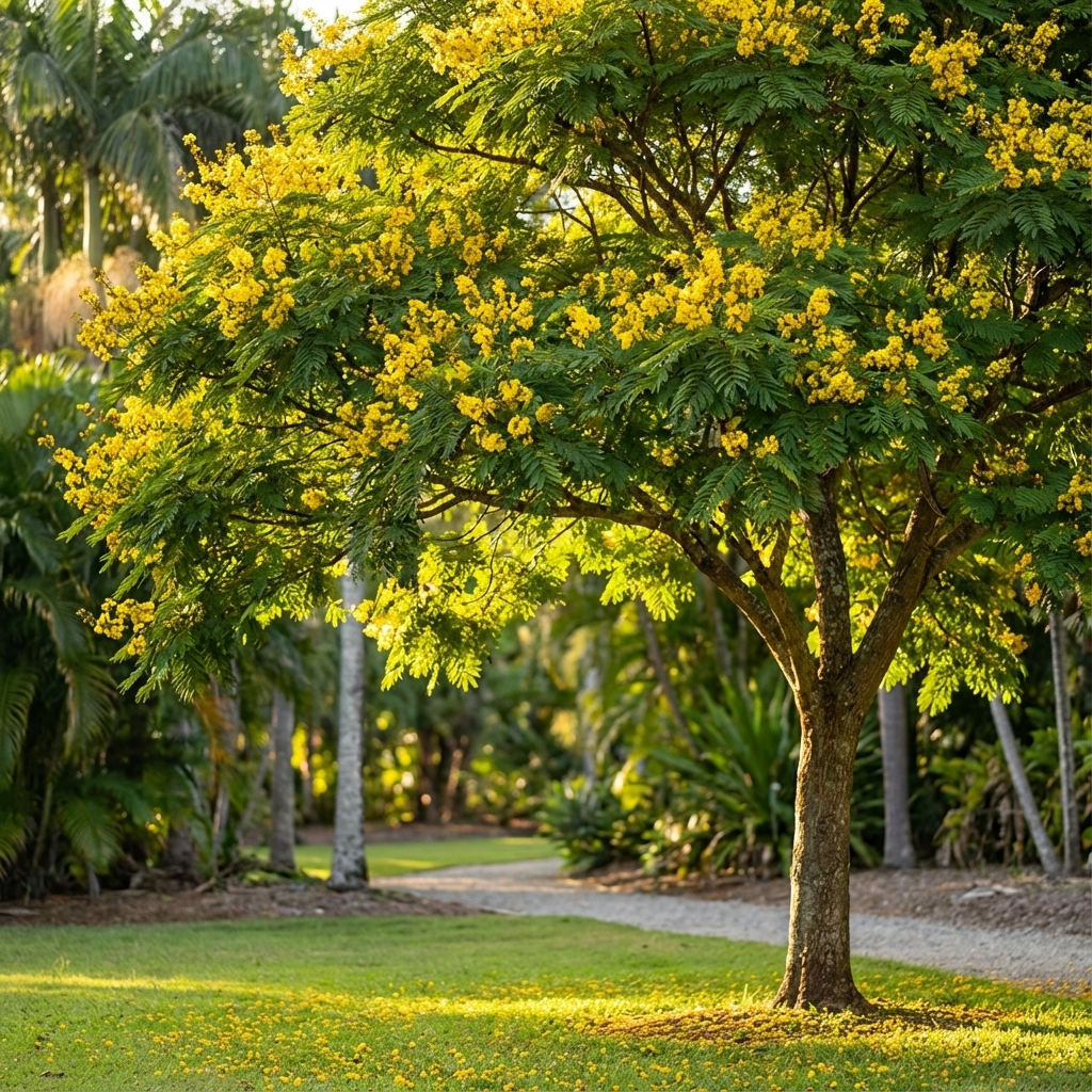 A Yellow Poinciana (Peltophorum pterocarpum), a popular ornamental shade tree, showcases vivid yellow blossoms along a sunlit garden path amidst lush greenery.