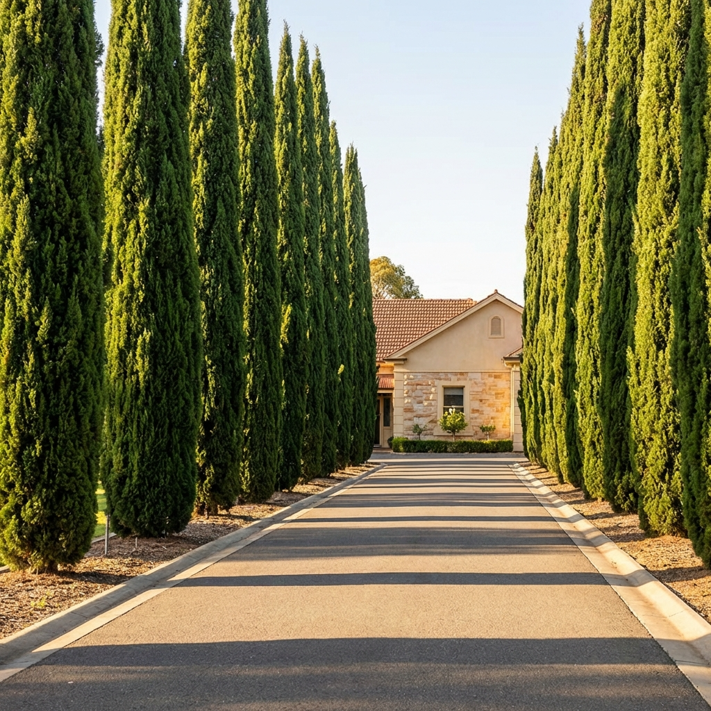 A driveway lined with Pencil Pine - Cupressus sempervirens 'Nitschke's Needles' offers year-round privacy as it leads to a house with a tiled roof on a sunny day.