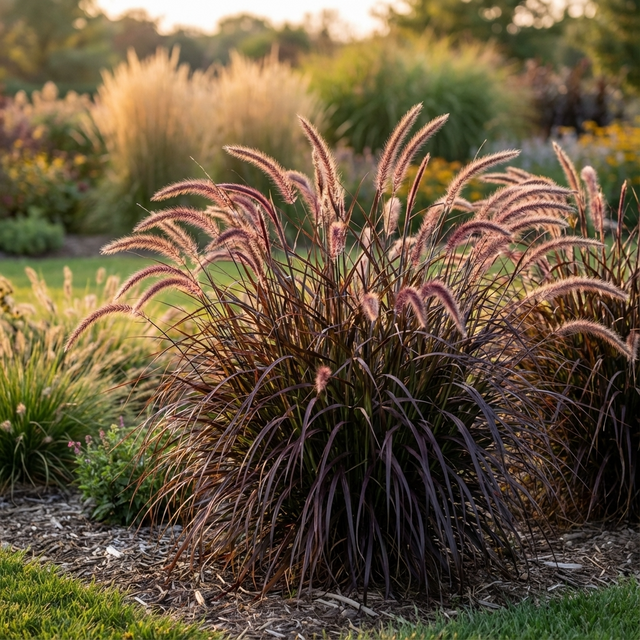 Drought-tolerant Purple Fountain Grass (Pennisetum advena 'Rubrum') displays feathery purple plumes and thrives beautifully in a landscaped garden bed, especially at sunset.