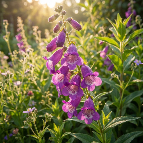 Penstemon ‘Russian River’ features vibrant blooms and lush green leaves, making it a stunning perennial and true pollinator magnet for any garden.