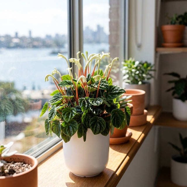 Peperomia Lilian - Peperomia caperata 'Lilian' features decorative, textured foliage and looks great as a compact indoor plant on a sunny windowsill with city and river views in the background.