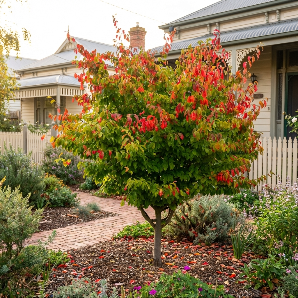 The Persian Witch Hazel - Parrotia persica features green and red leaves, adding autumn color to gardens. Perfect for planting in front of a house with a white picket fence.