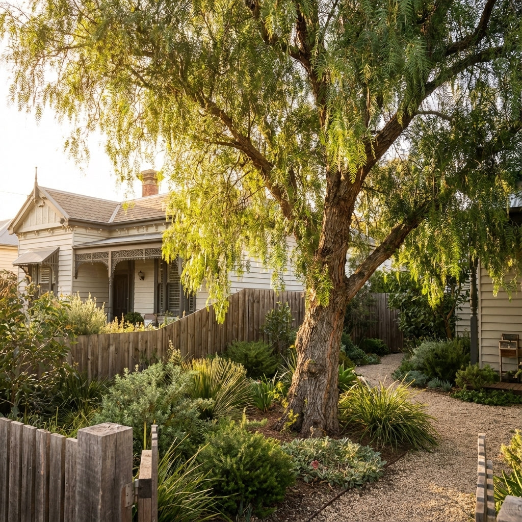 Lush Mediterranean-style garden featuring a large Peruvian Pepper Tree (Schinus areira) and gravel path leading to a charming house with a wooden fence.